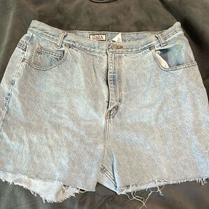 Light wash denim shorts, distressed look. Small stain, see pic. No extra tears.